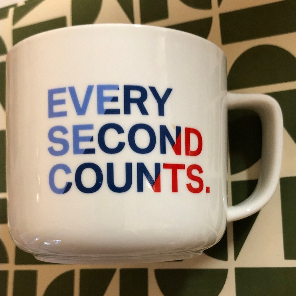 BMW White Ceramic Mug with Blue and Red 'Every Second Counts' Print